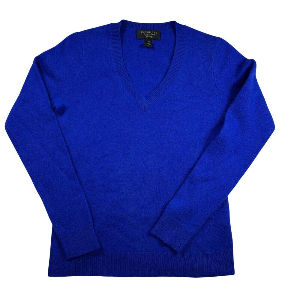 Charter Club Luxury 100% Cashmere Sweater Women PS Petite Small Blue V-Neck Knit